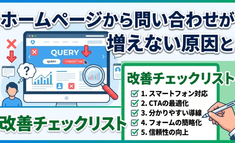 ホームページから問い合わせが増えない原因と、スマホ対応・CTA最適化・導線・フォーム・信頼性の5つの改善チェックリストを示した図解