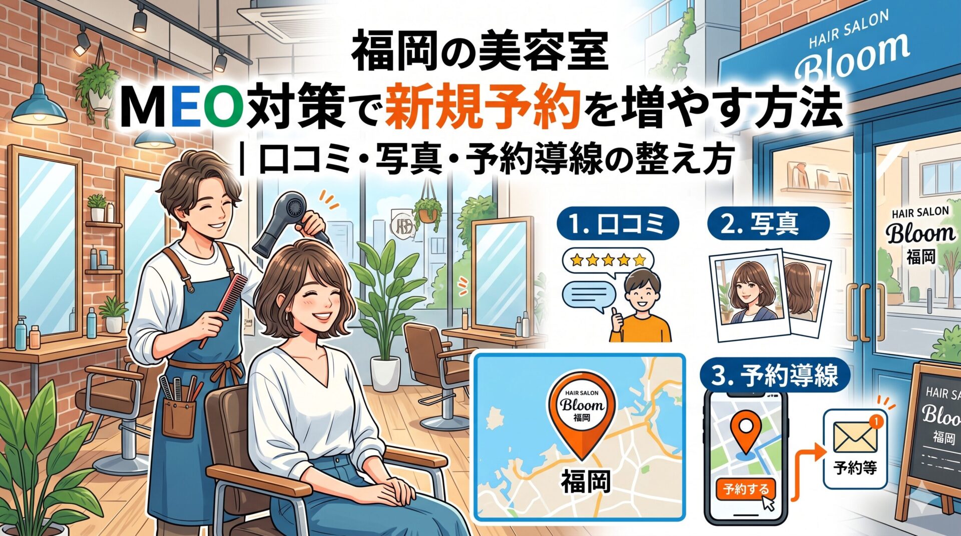 福岡の飲食店がMEO対策でGoogleマップの口コミ・星評価を活用し、ホームページへの導線を整えて来店客を増やす仕組みを図解したアイキャッチ画像