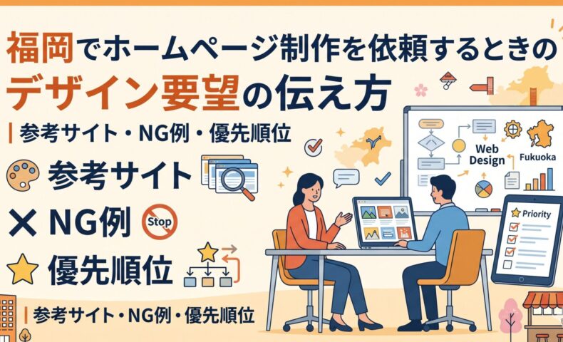 福岡でホームページ制作を依頼するときのデザイン要望の伝え方を示した図解。事業主と制作担当者が打ち合わせをしながら、参考サイト・NG例・優先順位というポイントを整理している様子を描いている。