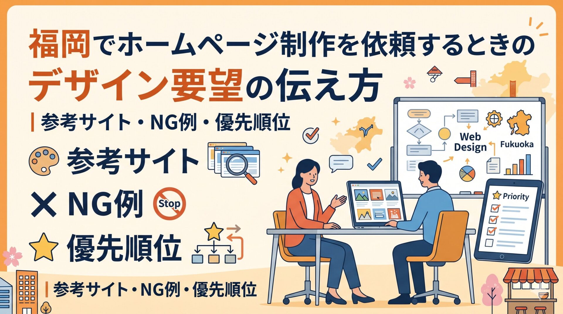 福岡でホームページ制作を依頼するときのデザイン要望の伝え方を示した図解。事業主と制作担当者が打ち合わせをしながら、参考サイト・NG例・優先順位というポイントを整理している様子を描いている。