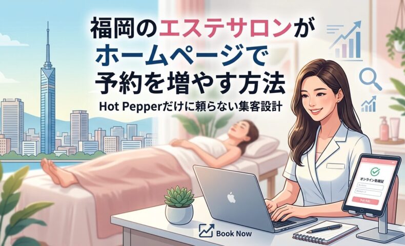 福岡のエステサロンがホームページで予約を増やす方法｜Hot Pepperだけに頼らない集客設計をテーマに、施術中の女性客とパソコン・タブレットで予約管理をするエステティシャンを描いたイラスト。背景には福岡タワーの街並み。