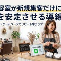 1人美容室が新規集客だけに頼らず予約を安定させる導線設計を解説するアイキャッチ画像。美容師とお客様がLINE登録を案内する様子と、口コミ・LINE・ホームページ連携をイメージしたタブレット画面を紹介。