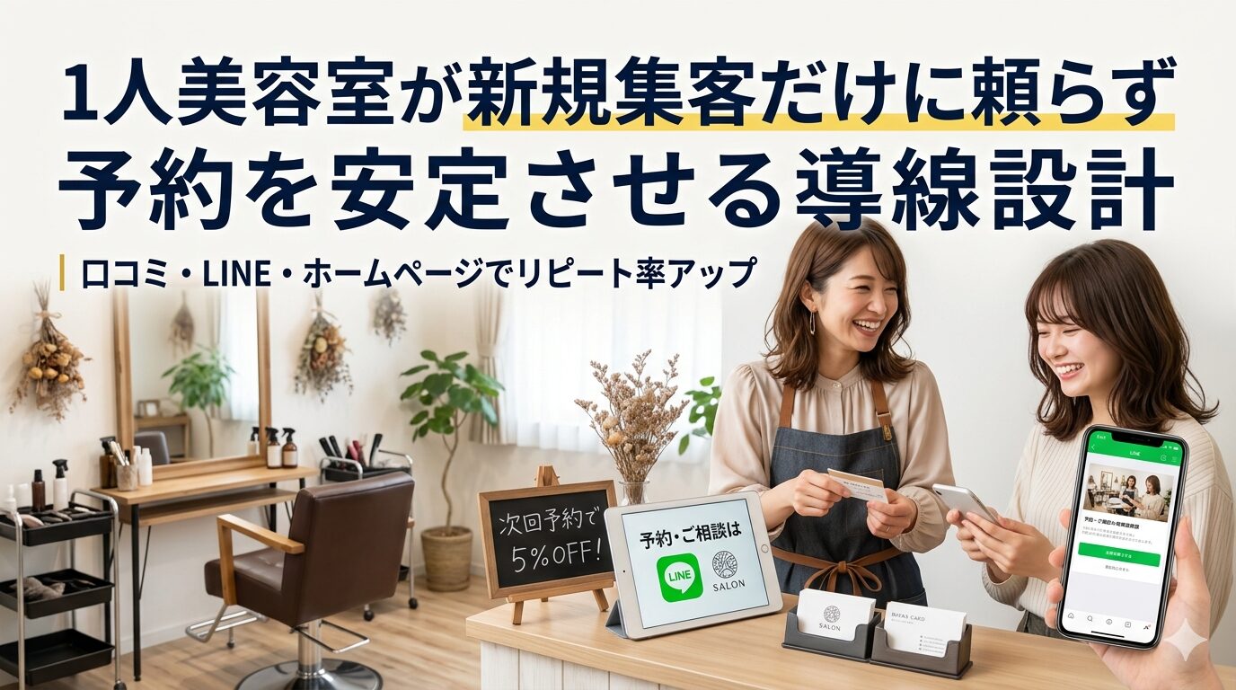 1人美容室が新規集客だけに頼らず予約を安定させる導線設計を解説するアイキャッチ画像。美容師とお客様がLINE登録を案内する様子と、口コミ・LINE・ホームページ連携をイメージしたタブレット画面を紹介。