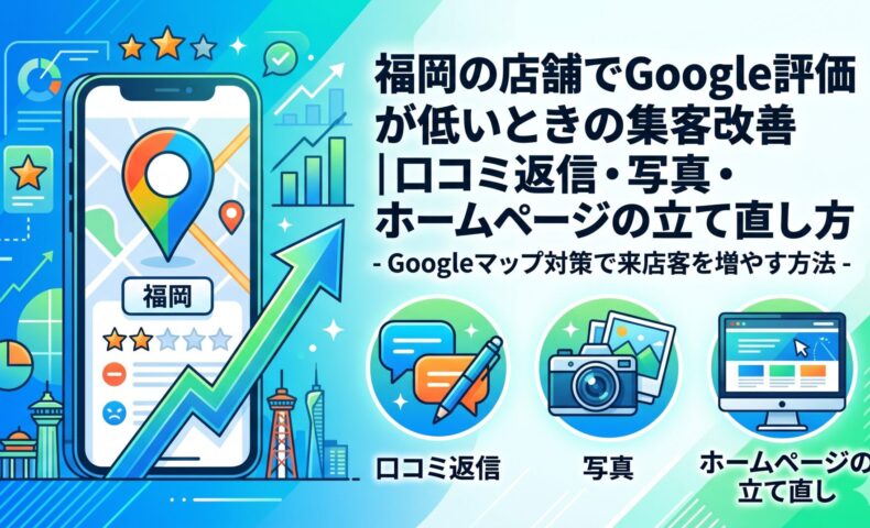 福岡の店舗でGoogle評価が低いときの集客改善｜口コミ返信・写真・ホームページの立て直し方を解説する図解