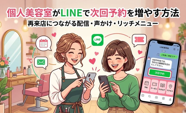 個人美容室がLINEで次回予約を増やす方法と再来店につながる配信・声かけ・リッチメニューを示すアイキャッチ画像