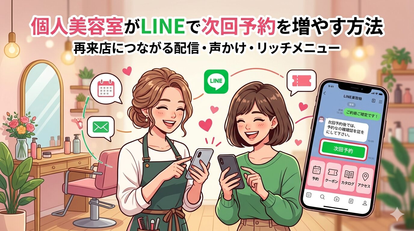 個人美容室がLINEで次回予約を増やす方法と再来店につながる配信・声かけ・リッチメニューを示すアイキャッチ画像