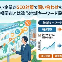 北九州の中小企業向けにSEO対策で問い合わせを増やす方法を解説したアイキャッチ画像。福岡市との地域キーワード設計の違いや集客戦略を図解で紹介。