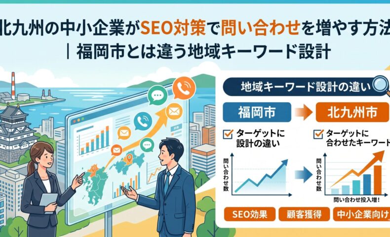 北九州の中小企業向けにSEO対策で問い合わせを増やす方法を解説したアイキャッチ画像。福岡市との地域キーワード設計の違いや集客戦略を図解で紹介。