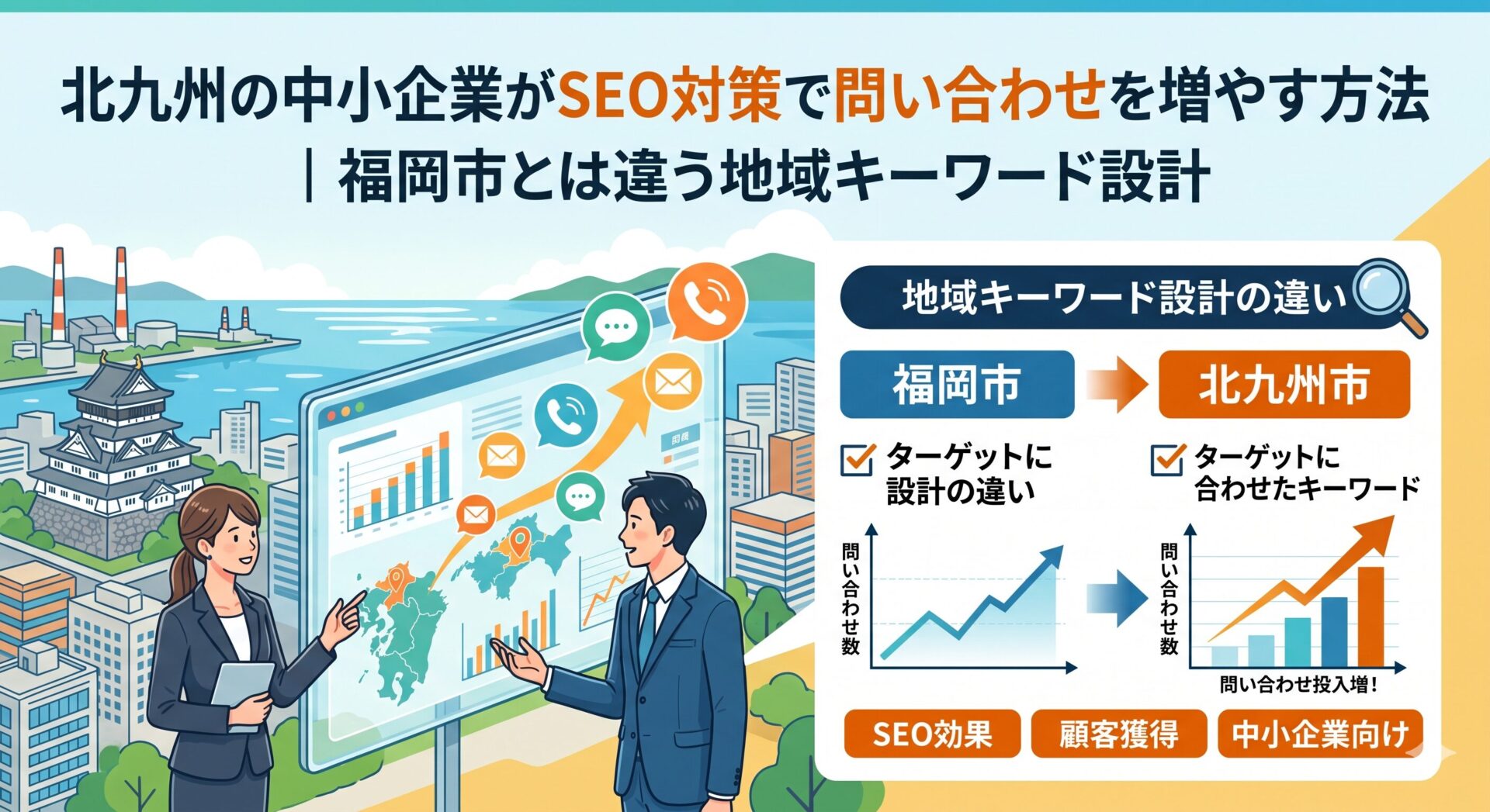 北九州の中小企業向けにSEO対策で問い合わせを増やす方法を解説したアイキャッチ画像。福岡市との地域キーワード設計の違いや集客戦略を図解で紹介。