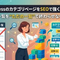 WordPressのカテゴリページをSEOで強くする設計を解説するアイキャッチ画像。無策な記事一覧とSEO強化されたカテゴリーページの構造を対比し、記事一覧を集客導線に変える方法を紹介。