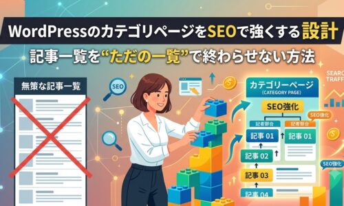 WordPressのカテゴリページをSEOで強くする設計を解説するアイキャッチ画像。無策な記事一覧とSEO強化されたカテゴリーページの構造を対比し、記事一覧を集客導線に変える方法を紹介。