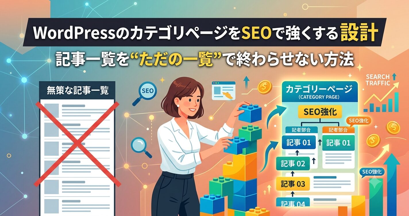 WordPressのカテゴリページをSEOで強くする設計を解説するアイキャッチ画像。無策な記事一覧とSEO強化されたカテゴリーページの構造を対比し、記事一覧を集客導線に変える方法を紹介。