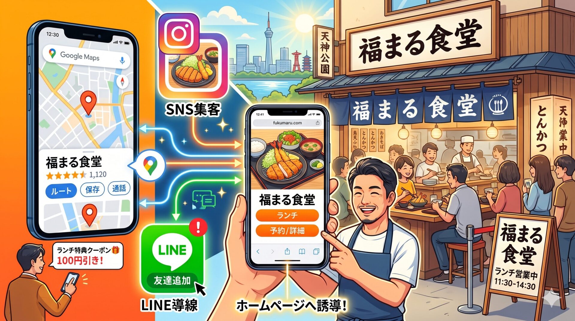 福岡の飲食店がランチ集客をホームページで伸ばす方法｜Googleマップ・SNS・LINE導線の連携設計