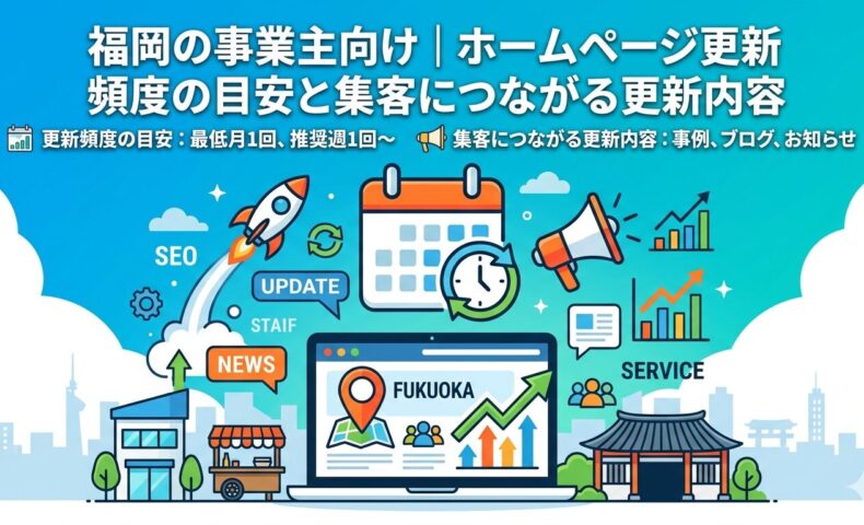 福岡の事業主向けホームページ更新頻度の目安と集客につながる更新内容を示すアイキャッチ画像