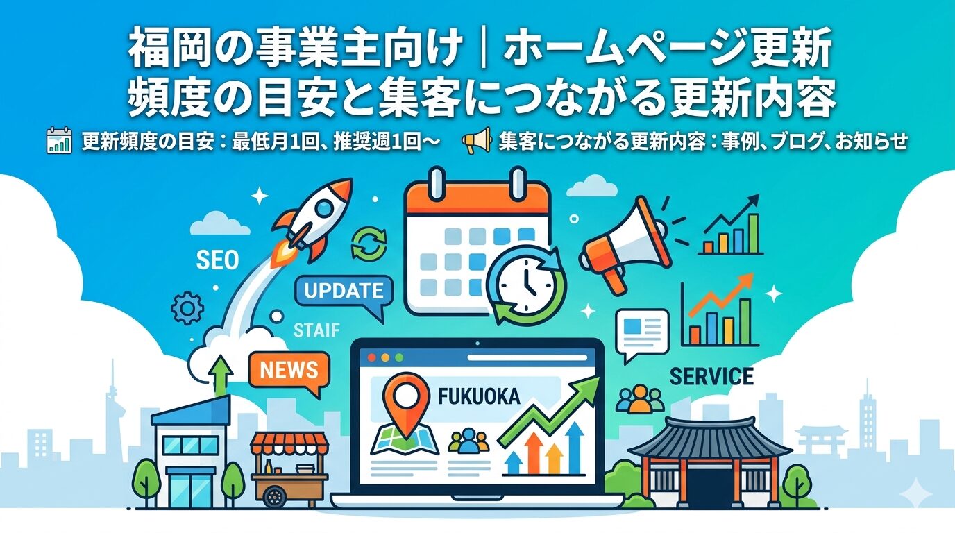 福岡の事業主向けホームページ更新頻度の目安と集客につながる更新内容を示すアイキャッチ画像