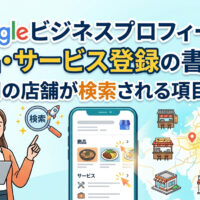 Googleビジネスプロフィールの商品・サービス登録の書き方を解説するアイキャッチ画像。福岡の店舗が検索される項目設計を、スマホ画面の商品・サービス表示例と福岡の地図イラストで紹介。