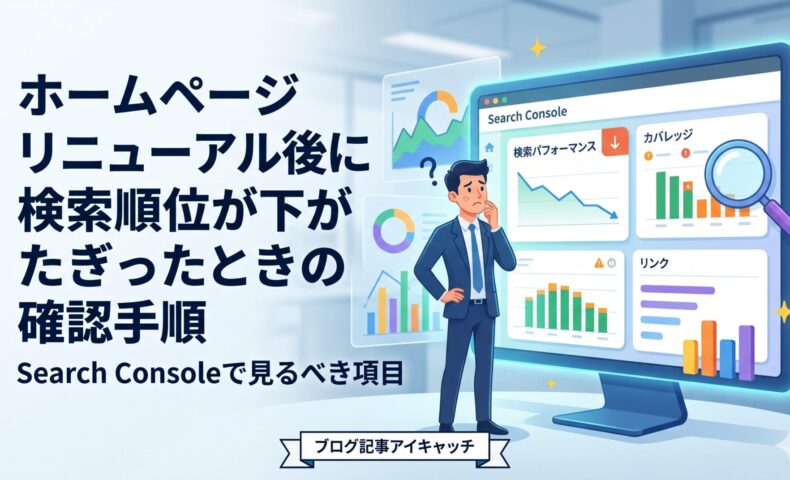 ホームページリニューアル後に検索順位が低下した際、Search Consoleで確認すべき項目と改善手順を解説するアイキャッチ画像
