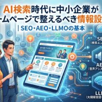 AI検索時代に中小企業がホームページで整えるべき情報設計を解説する図解。SEO・AEO・LLMOの3つの最適化手法をアイコンとイラストで表現