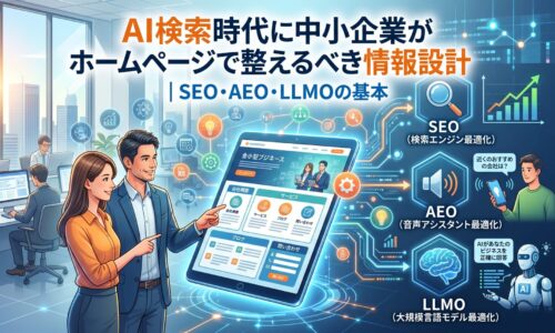 AI検索時代に中小企業がホームページで整えるべき情報設計を解説する図解。SEO・AEO・LLMOの3つの最適化手法をアイコンとイラストで表現