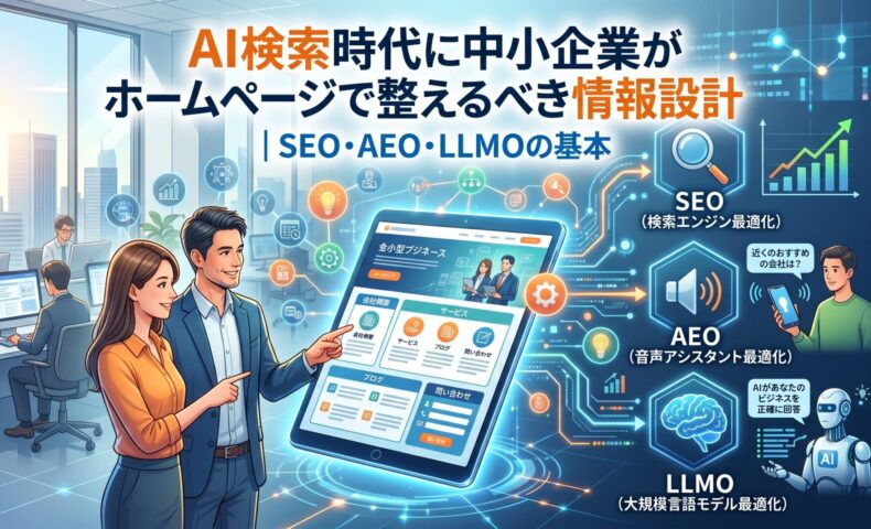 AI検索時代に中小企業がホームページで整えるべき情報設計を解説する図解。SEO・AEO・LLMOの3つの最適化手法をアイコンとイラストで表現
