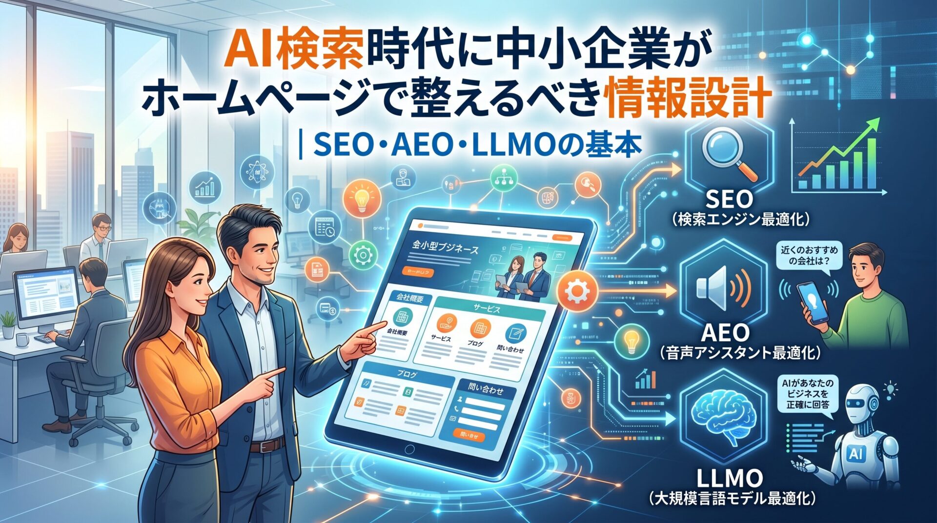 AI検索時代に中小企業がホームページで整えるべき情報設計を解説する図解。SEO・AEO・LLMOの3つの最適化手法をアイコンとイラストで表現
