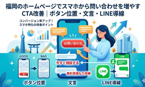 福岡のホームページでスマホから問い合わせを増やすCTA改善を、ボタン位置・文言・LINE導線の3点で解説するアイキャッチ画像