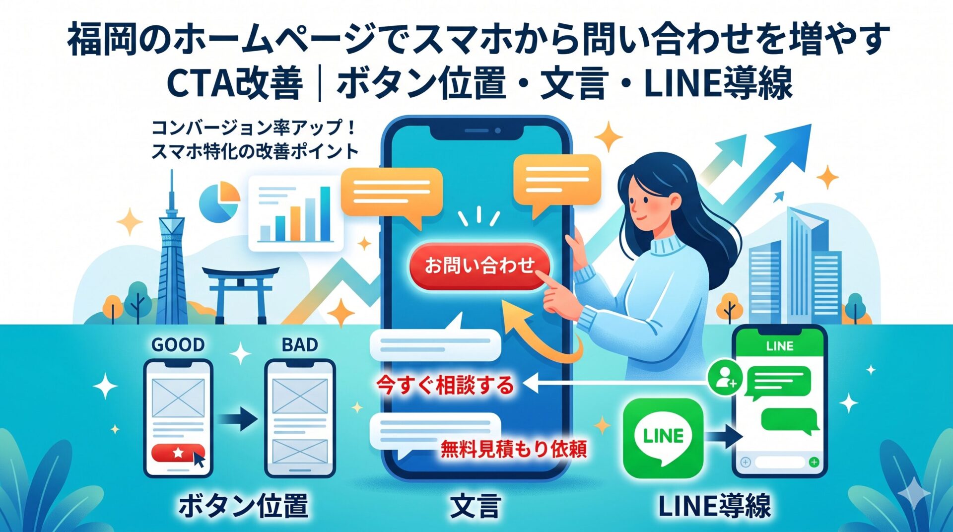 福岡のホームページでスマホから問い合わせを増やすCTA改善を、ボタン位置・文言・LINE導線の3点で解説するアイキャッチ画像