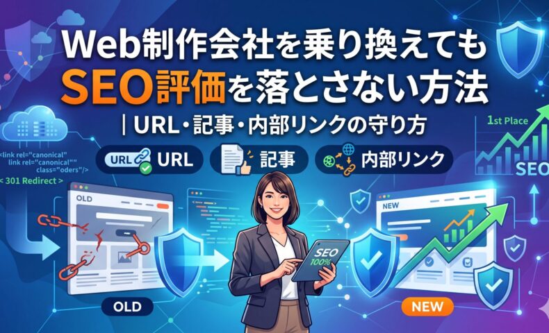 Web制作会社の乗り換え時にSEO評価を落とさないためのURL・記事・内部リンクの引き継ぎ方法を解説したアイキャッチ画像
