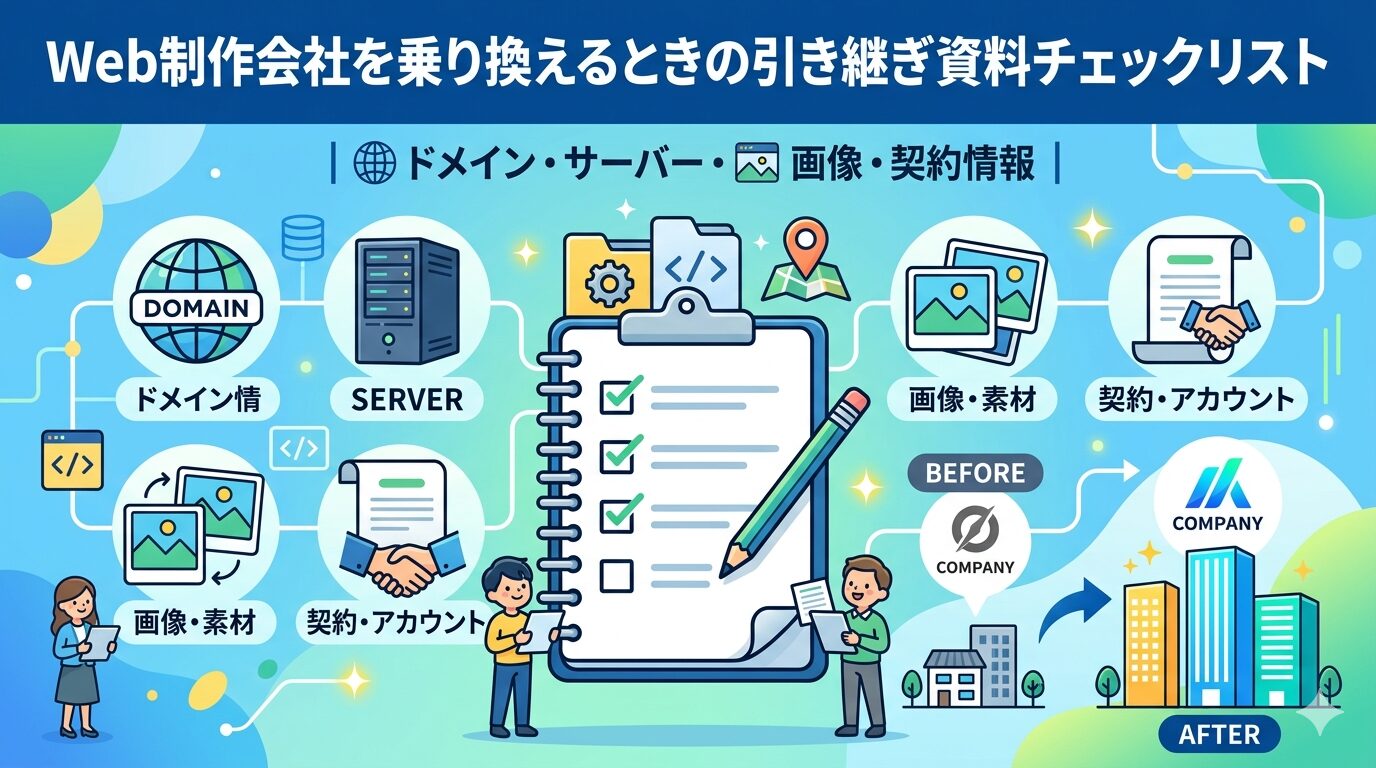 Web制作会社を乗り換えるときの引き継ぎ資料チェックリストを解説する、ドメイン・サーバー・画像・契約情報のアイキャッチ画像
