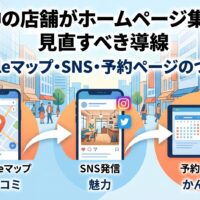 天神の店舗がホームページ集客で見直すべき導線を示した図解。Googleマップ・SNS・予約ページの3ステップを矢印でつないだフロー図。