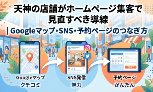 天神の店舗がホームページ集客で見直すべき導線を示した図解。Googleマップ・SNS・予約ページの3ステップを矢印でつないだフロー図。