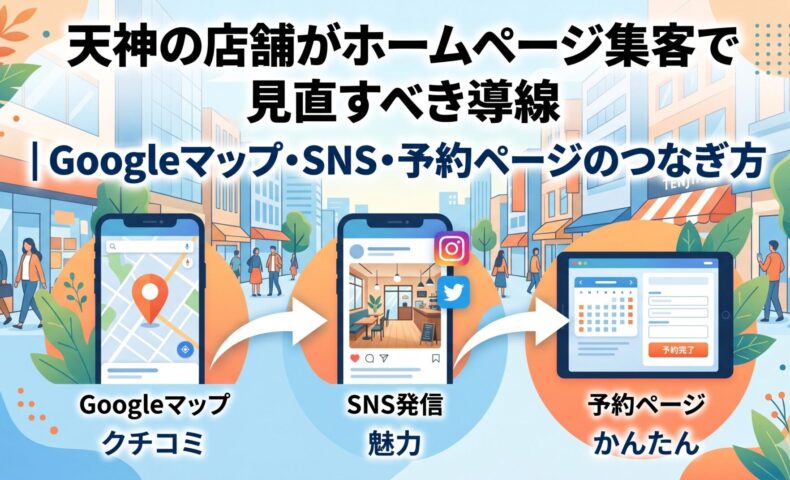 天神の店舗がホームページ集客で見直すべき導線を示した図解。Googleマップ・SNS・予約ページの3ステップを矢印でつないだフロー図。