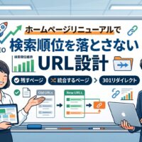ホームページリニューアルで検索順位を落とさないURL設計|残すページ・統合するページ・301リダイレクトの解説図