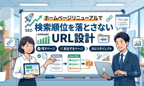 ホームページリニューアルで検索順位を落とさないURL設計｜残すページ・統合するページ・301リダイレクトの解説図