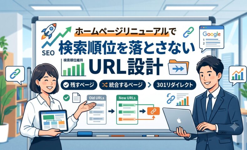 ホームページリニューアルで検索順位を落とさないURL設計｜残すページ・統合するページ・301リダイレクトの解説図