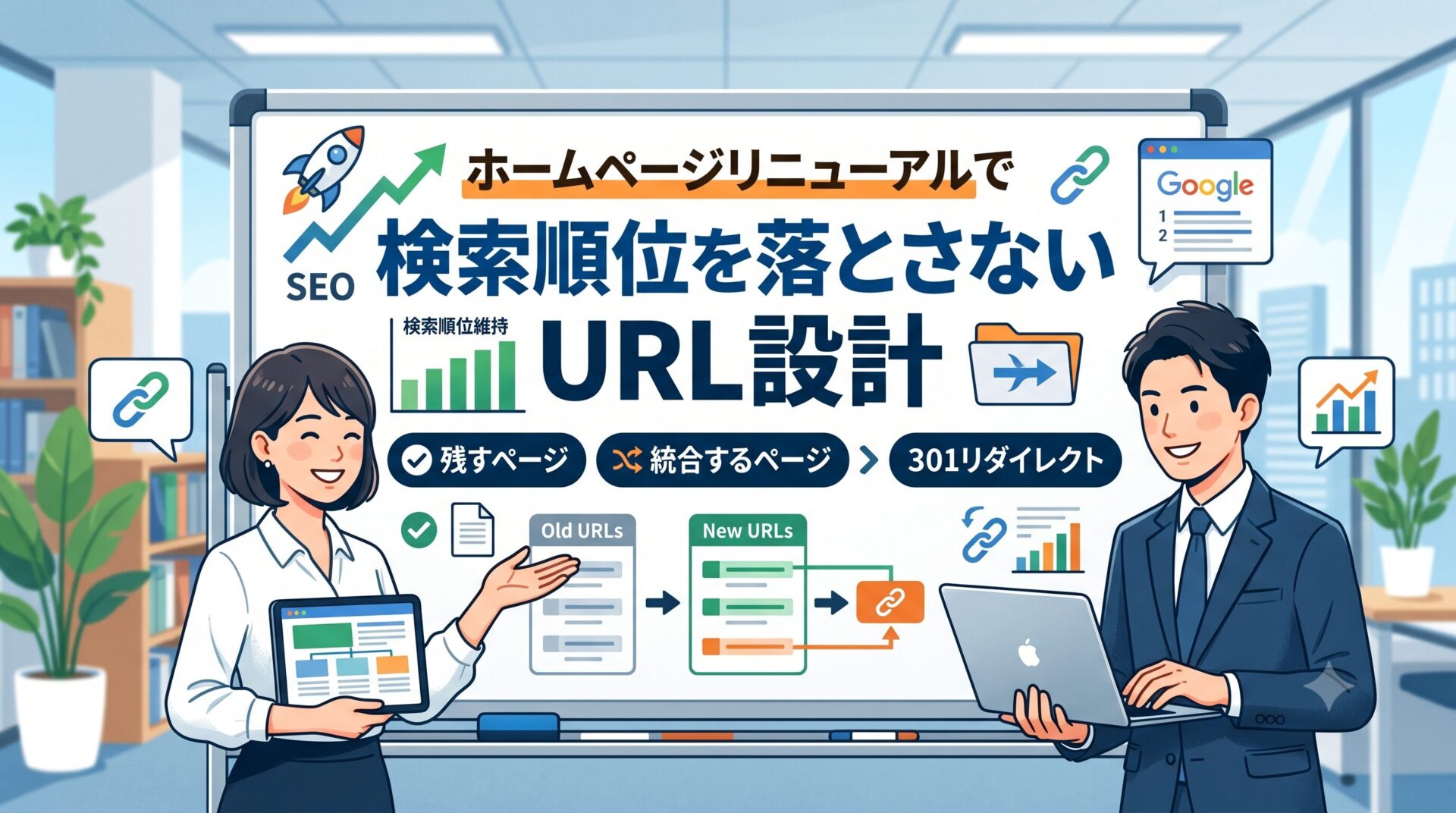 ホームページリニューアルで検索順位を落とさないURL設計｜残すページ・統合するページ・301リダイレクトの解説図
