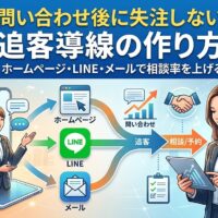 問い合わせ後に失注しない追客導線の作り方を解説するアイキャッチ画像。ホームページ・LINE・メールの3チャネルを使って問い合わせから相談・予約につなげる流れを図解。