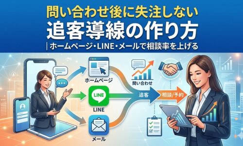 問い合わせ後に失注しない追客導線の作り方を解説するアイキャッチ画像。ホームページ・LINE・メールの3チャネルを使って問い合わせから相談・予約につなげる流れを図解。