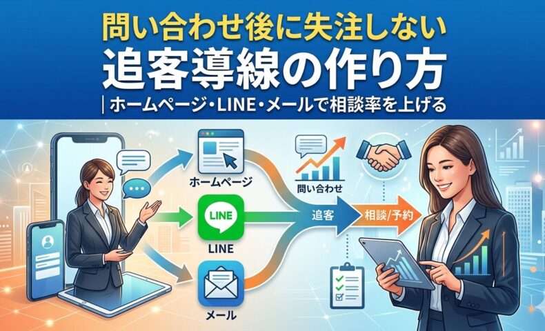 問い合わせ後に失注しない追客導線の作り方を解説するアイキャッチ画像。ホームページ・LINE・メールの3チャネルを使って問い合わせから相談・予約につなげる流れを図解。