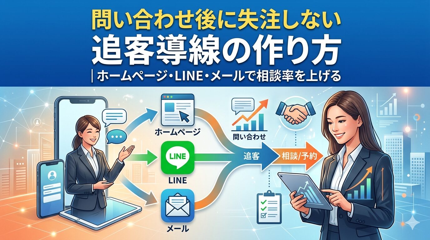 問い合わせ後に失注しない追客導線の作り方を解説するアイキャッチ画像。ホームページ・LINE・メールの3チャネルを使って問い合わせから相談・予約につなげる流れを図解。