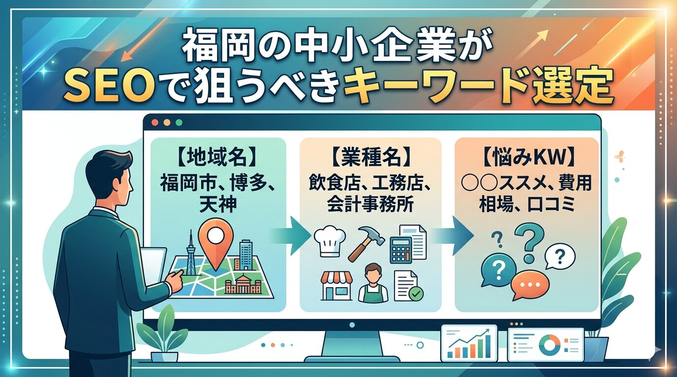 福岡の中小企業がSEOで狙うべきキーワード選定を地域名・業種名・悩みKWの3層で示すアイキャッチ画像