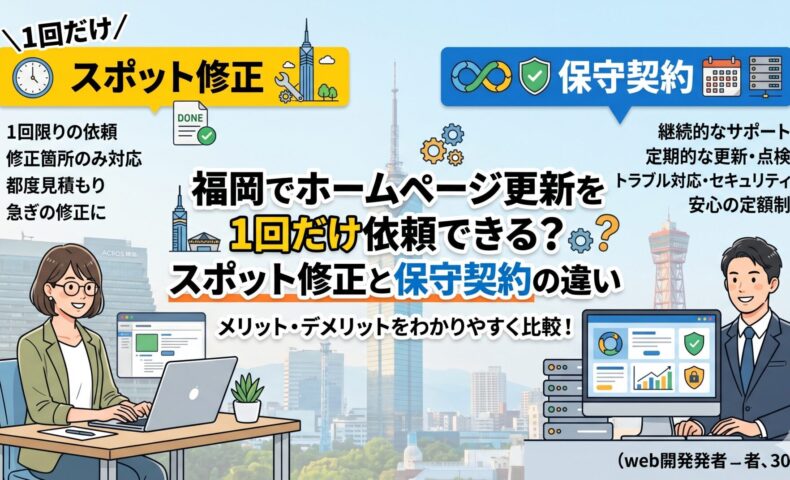 福岡の街並みを背景に、スポット修正と保守契約の違いを比較したイラスト。1回だけのスポット修正と継続的な保守契約それぞれの特徴を、ビジネスパーソンとともにわかりやすく図解している