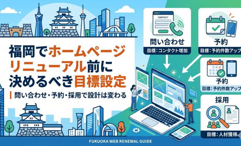 福岡でホームページリニューアル前に決めるべき目標設定を解説し、問い合わせ・予約・採用ごとの設計の違いを紹介するアイキャッチ画像