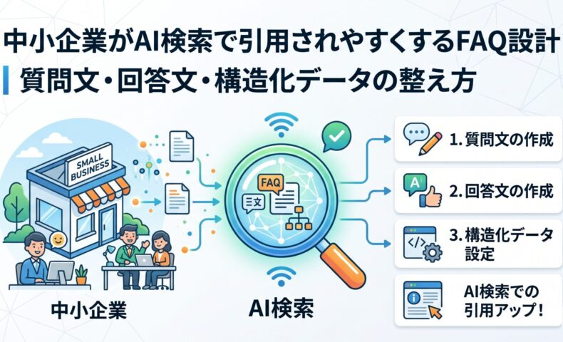 中小企業がAI検索で引用されやすくなるFAQ設計を、質問文・回答文・構造化データの3ステップで解説するアイキャッチ画像