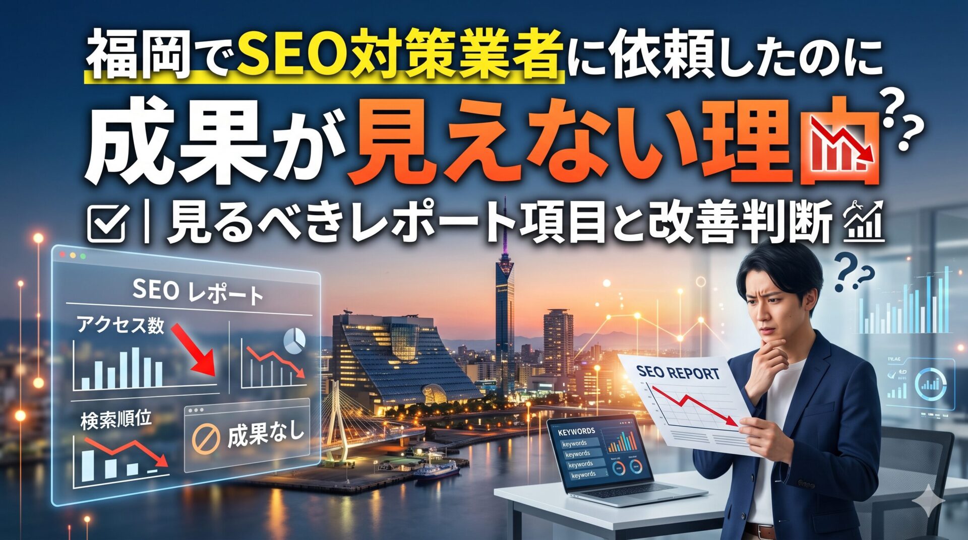 福岡でSEO対策業者に依頼したのに成果が見えない理由と、確認すべきレポート項目・改善判断を解説するアイキャッチ画像