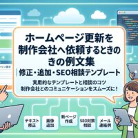 ホームページ更新を制作会社へ依頼する際の例文集を、テキスト修正・画像追加・新ページ作成・SEO対策相談・メール連絡例の5項目で紹介するアイキャッチ画像