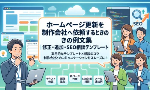 ホームページ更新を制作会社へ依頼する際の例文集を、テキスト修正・画像追加・新ページ作成・SEO対策相談・メール連絡例の5項目で紹介するアイキャッチ画像