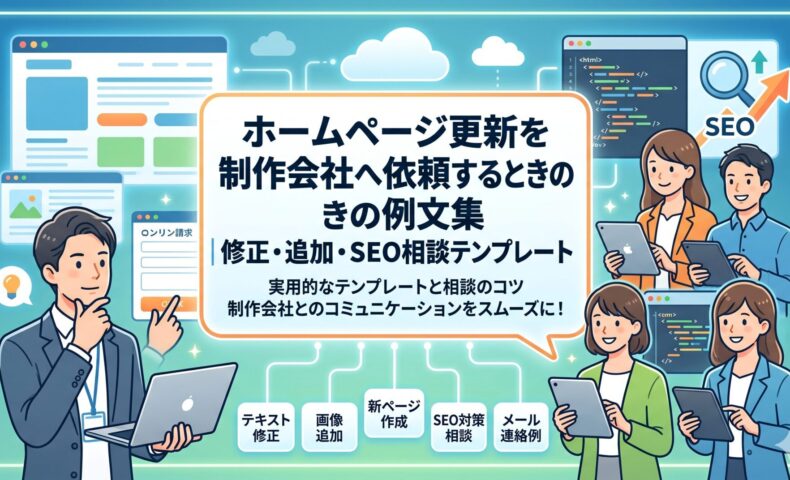 ホームページ更新を制作会社へ依頼する際の例文集を、テキスト修正・画像追加・新ページ作成・SEO対策相談・メール連絡例の5項目で紹介するアイキャッチ画像