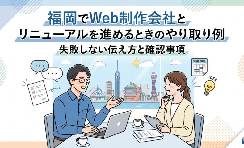 福岡でWeb制作会社とホームページリニューアルを進める際のやり取り例や、失敗しない伝え方と確認事項を解説するアイキャッチ画像