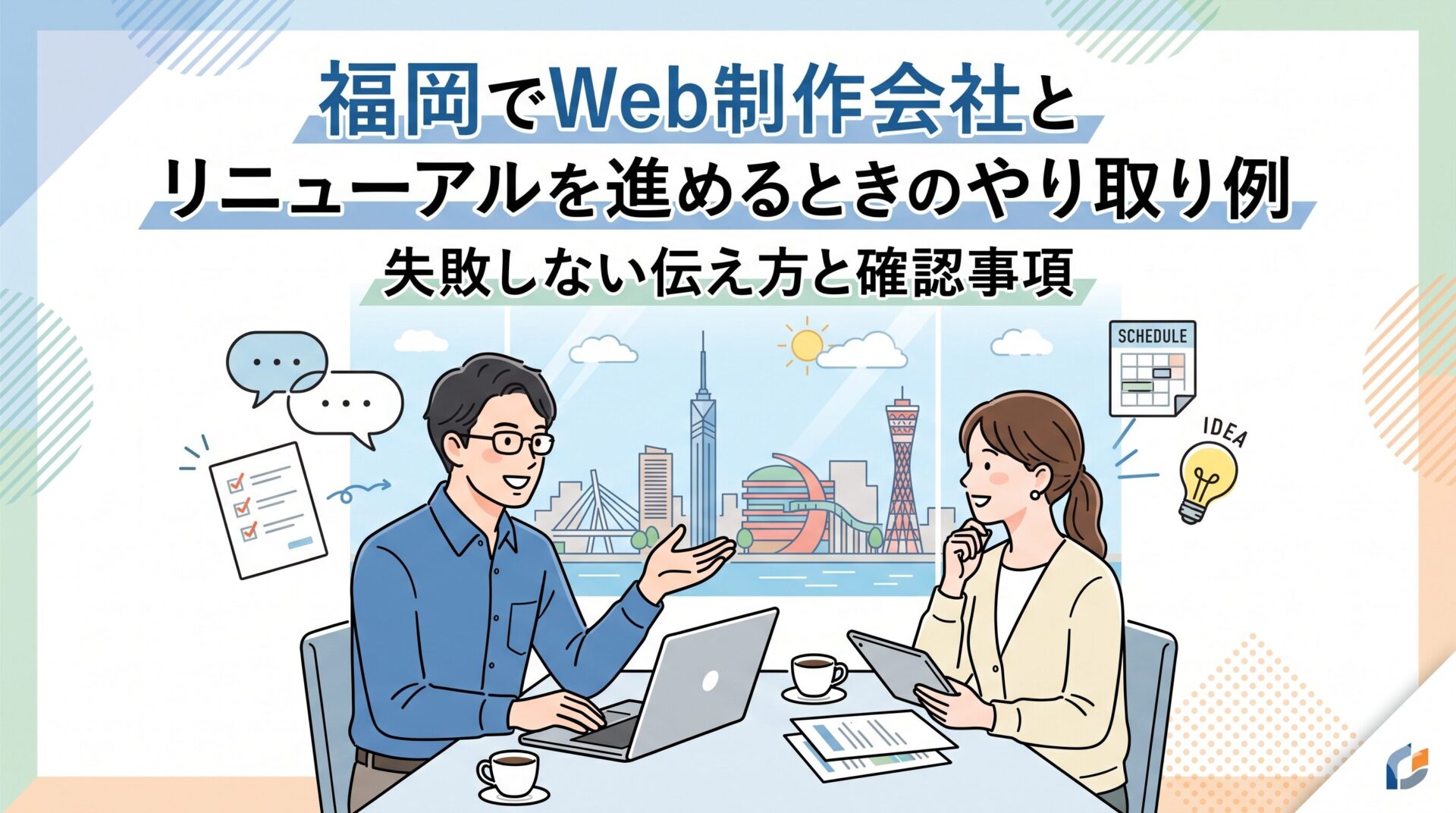 福岡でWeb制作会社とホームページリニューアルを進める際のやり取り例や、失敗しない伝え方と確認事項を解説するアイキャッチ画像